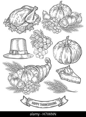 Thanksgiving-Herbst Festival doodle Set. Monochrom Vintage Gravur frisches Bio-Gemüse, Weizen und Obst, Hut, Torte, turk Stock Vektor