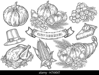 Thanksgiving-Herbst Festival doodle Set. Monochrom Vintage Gravur frisches Bio-Gemüse, Weizen und Obst, Hut, Kuchen, Mais Stock Vektor