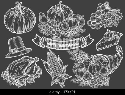 Thanksgiving-Herbst Festival doodle Set. Monochrom Vintage Gravur frisches Bio-Gemüse, Weizen und Obst, Hut, Kuchen, Mais Stock Vektor