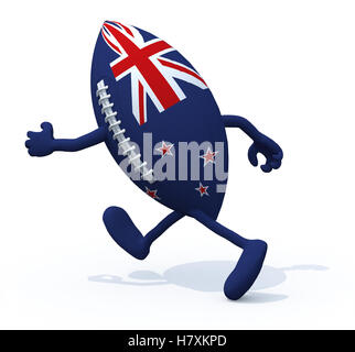 Neuseeland Flagge auf Rugby-Ball mit Armen und Beinen, die weglaufen, 3D Illustration Stockfoto