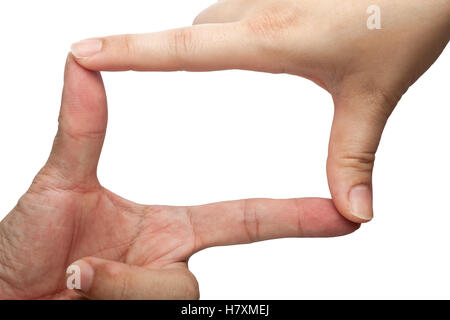 Finger bilden einen rechteckigen Rahmen isoliert auf weißem Hintergrund Stockfoto