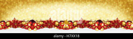 Christmas Garland super breite Panorama Banner mit Funkeln golden glänzend Glitzer Hintergrund und rote gold Weihnachten Dekoration baub Stockfoto