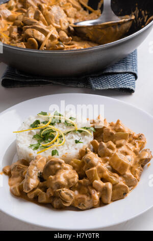 Boeuf Stroganoff mit Reis auf weißen Teller Stockfoto