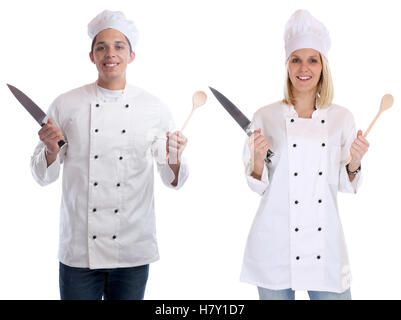 Koch Lehrling Lehrling Auszubildende Köche kochen mit Messer Löffel Job jung isoliert auf weißem Hintergrund Stockfoto