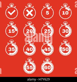 Die Stoppuhr-Symbol set 14 Icons. Uhr und Uhr, Timer, Countdown, Stoppuhr Symbol. UI. Web. Logo. Zeichen. Flaches Design. App. Stock Vektor