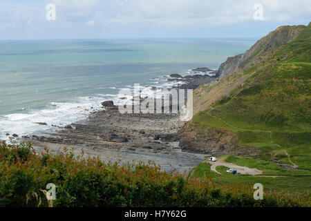 Bei Ebbe am Strand Welcombe Mund und Headland, Devon Stockfoto