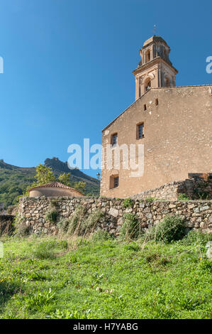 Église Saint-Nicolas, das Wahrzeichen Kirche von der kleinen Balagne Dorf Feliceto, Haute-Corse, Frankreich Stockfoto