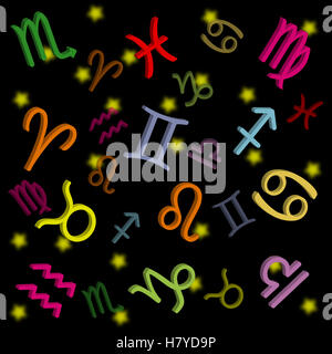 Bunte Neon-Zodiac-Zeichen auf schwarzem Hintergrund – Astrologie-Symbolik symbolisiert Astrologie, Horoskope und himmlische Mystik Stockfoto