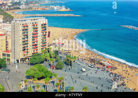 Luftaufnahme von Barceloneta Strand Stockfoto