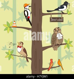 Nahtlose Muster Cartoon Vögel auf einem Baum. Eule, Elster, Specht, Nachtigall. Vektor-Illustration, kann verwendet werden, für die Erstellung von ca Stock Vektor