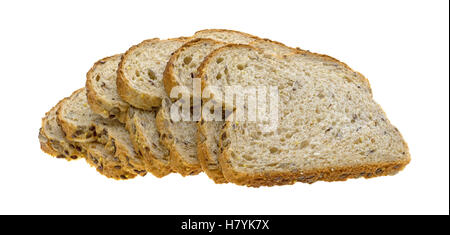 Mehrere Scheiben von neun Korn Vollkornbrot isoliert auf einem weißen Hintergrund. Stockfoto