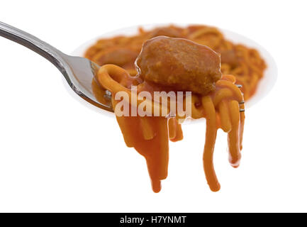 Seitlicher Blick auf ein Fleischbällchen auf Spaghetti auf einer Gabel im Vordergrund mit einem Teller mit Essen im Hintergrund. Stockfoto