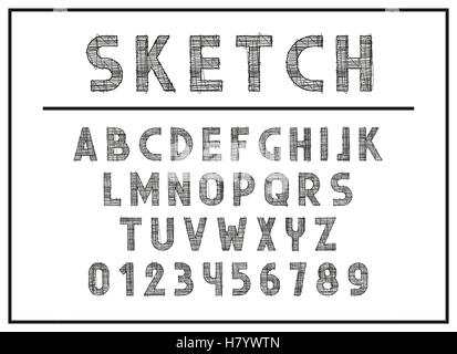 Skizzieren Sie Schriftart und Abc Buchstaben drucken Typografie Vektor Illustration. Retro-Schriftart, Vintage Alphabet. Schrift english Kleinbuchstaben lett Stock Vektor