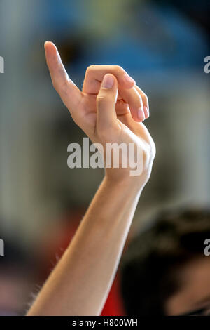 Kinder heben ihre Hände in der Klasse eine Frage des Lehrers. Stockfoto