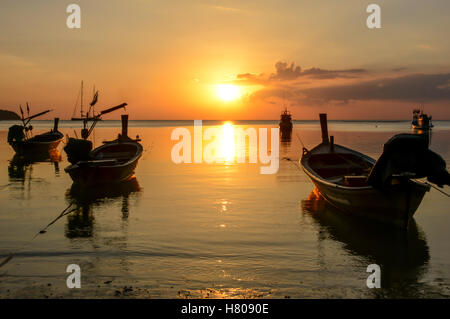 Viele Fischerboote im Hafen Ameise Sonnenuntergang am Naiyang Beach, Phuket, Thailand Stockfoto