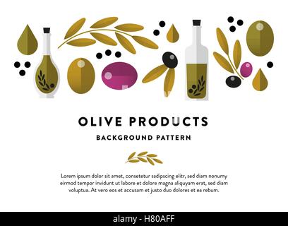 Set / Sammlung von isolierten flache Vektor Oliven und Olivenöl Flaschen mit Farbverlauf. Dekorative Hintergrundmuster Stock Vektor