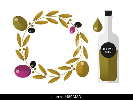 Set / Sammlung von isolierten flache Vektor Oliven und Olivenöl Flasche mit Farbverlauf Stock Vektor