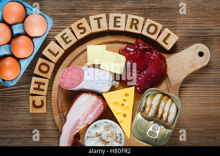 Cholesterinreiche Lebensmittel wie Leber, gelben Käse, Butter, Eiern, Speck, Schmalz mit Zwiebeln, Sardinen in Öl. Holztisch als Zeitmessung Stockfoto