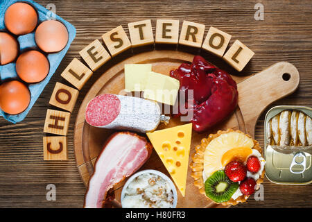 Lebensmittel reich an Cholesterin wie Eiern, Leber, gelben Käse, Butter, Speck, Schmalz mit Zwiebeln, Sardinen in Öl und süßes Dessert - cup Stockfoto