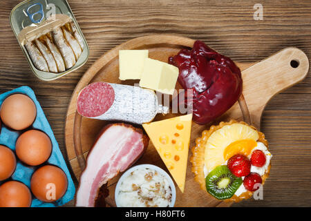 Cholesterinreiche Lebensmittel wie Leber, gelben Käse, Butter, Eiern, Speck, Schmalz mit Zwiebeln, Sardinen in Öl und Kuchen mit Sahne. Wo Stockfoto