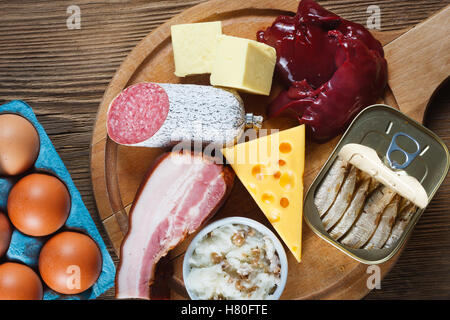 Cholesterinreiche Lebensmittel wie Leber, gelben Käse, Butter, Eiern, Speck, Schmalz mit Zwiebeln, Sardinen in Öl. Holztisch als Zeitmessung Stockfoto