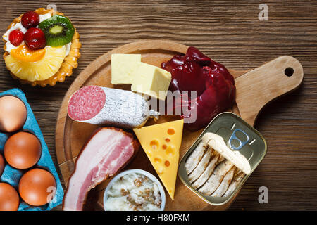 Lebensmittel reich an Cholesterin wie Eiern, Leber, gelben Käse, Butter, Speck, Schmalz mit Zwiebeln, Sardinen in Öl und süßes Dessert - cup Stockfoto