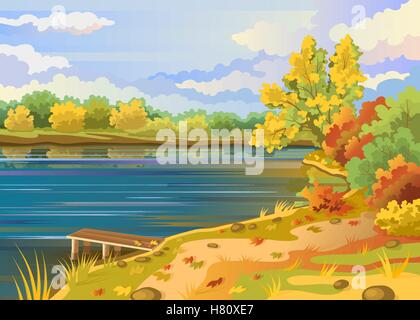Herbst-Landschaft-Natur-Fluss-Ufer. Brückenpfeilers auf dem Hintergrund des Teiches. Bewölkter Himmel. Bunte Bäume und Sträucher Stock Vektor