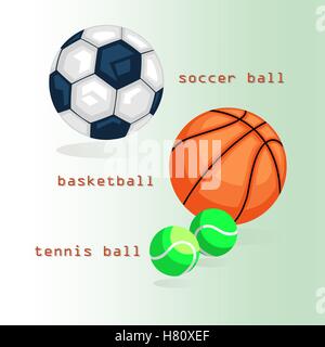 Sportbälle. Fußball, Basketball, Tennis. Der Text und die Schatten auf grünem Hintergrund. Lager-Vektor-Illustration. Stock Vektor