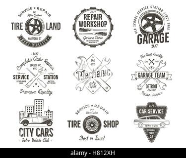 Oldtimer-Service Abzeichen, Garage Reparatur Etiketten und Abzeichen-Sammlung. Retro-Farben Design. Gut für die Reparatur-Werkstatt, Oldtimer-Auktionen, Clubs, t-Shirt. Vektor-Monochrome isoliert. Stock Vektor