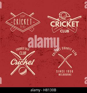 Satz von Retro-Cricket Club Embleme Design. Cricket-Logo-Icon-Design. Cricket-Abzeichen. Sport Logo Symbole mit Cricket Ausrüstung, Ausrüstung. Cricket t-shirt Design. T Shirt Emblem. T-Shirt Druck Retro-Stil Stock Vektor