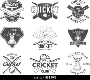 Satz von Cricket-Sport-Logo-Designs. Cricket Icons Vektor-Satz. Cricket-Embleme design-Elemente. Sportliches t-shirt Designs. Cricket Club Abzeichen. Sport Symbole mit Cricket Ausrüstung Ausrüstung für Web- oder t-shirt Stock Vektor