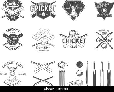 Satz von Vektor-Cricket-Sport-Logo-Vorlagen. Cricketspieler Embleme und Ausrüstung, Ausrüstung-Symbole. Sportliches t-shirt Designs. Club, Turnier-Abzeichen, Etiketten. Isoliert auf weiss. Nutzung für Web oder T-shirt drucken. Stock Vektor