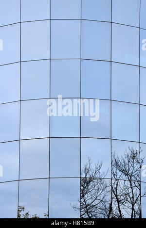 Glas Fenster Fassade eines Bürogebäudes reflektieren Bäume im Herbst Stockfoto