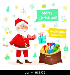 Weihnachtsmann flach Charakter auf weiße Weihnachten handgezeichneten Hintergrund isoliert. Stehen lustige Greis mit Säckchen mit Geschenken, w Stock Vektor