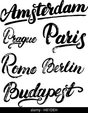 Sammlung von europäischen Hauptstädten Amsterdam, Berlin, Paris, Rom, Prag, Budapest. Städtenamen hand geschriebenen Schriftzug. Moderne brus Stock Vektor