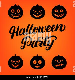Halloween-Party handgeschriebene Karte mit 6 Jack o Lantern Kürbis-Schriftzug. Moderne Bürste Kalligraphie. Halloween-Hintergrund Stock Vektor