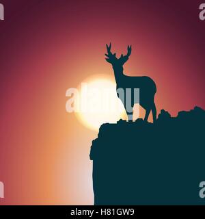 Orange Abend Landschaft. Silhouette von einem Reh stehend auf einem Hügel. Vektor-illustration Stock Vektor
