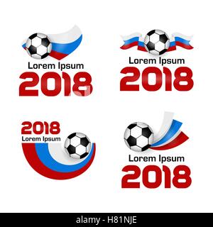 Großes Set Logo Fußball Weltmeisterschaft 2018 in Russland. Poster mit russischer Flagge. Vektor-Illustration. Flache farbige Banner Fußball Stock Vektor