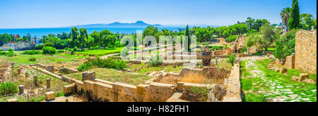 Der Panoramablick der Ausgrabungsstätte des römischen Villen mit der Cap-Bon im Hintergrund, Karthago, Tunesien. Stockfoto