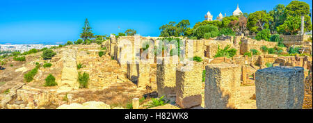 Panorama von Karthago Ruinen in archäologische Stätte auf Byrsa-Hügel, Tunesien. Stockfoto