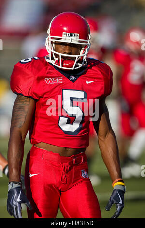 Sept. 18, 2009; Fresno, Kalifornien, USA; Fresno State Bulldogs Wide Receiver Marlon Moore (5) vor dem Boise State Broncos Spiel bei Bulldog-Stadion. Boise State besiegt Fresno State 51-34. Stockfoto