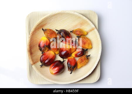 Palmöl ist ein pflanzliches Speiseöl Mesokarp (rötliches Fruchtfleisch) der Frucht der Ölpalme abgeleitet Stockfoto