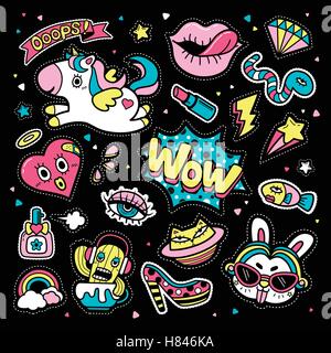 Schönen Patch Abzeichen set, bunt und trendy Elemente-Sammlung für die Dekoration. Stickerei oder Aufkleber im Cartoon-Stil. Stock Vektor