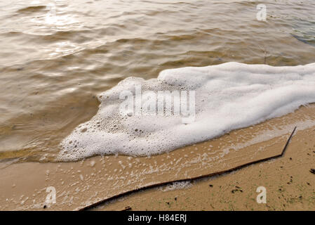 Weißer Schaum Verschmutzung im Fluss Dnepr in Kiew Stockfoto