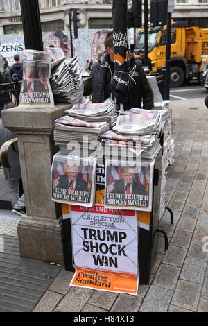 London Evening Standard kündigt den Sieg von Donald Trump auf ihrer Titelseite auf dem Display in der Londoner Oxford Street. Stockfoto