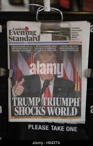 London Evening Standard kündigt den Sieg von Donald Trump auf ihrer Titelseite auf dem Display in der Londoner Oxford Street. Stockfoto