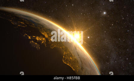 Orange Sunrise über die Erde vom Weltraum aus gesehen. Mit Sternen Hintergrund. Stockfoto