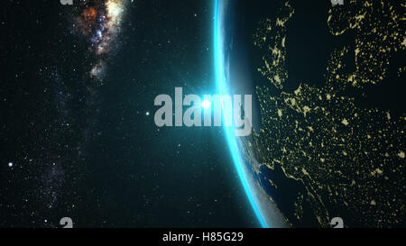 Blau Sonnenuntergang über der Erde vom Weltraum aus gesehen. Mit Sternen Hintergrund. Stockfoto