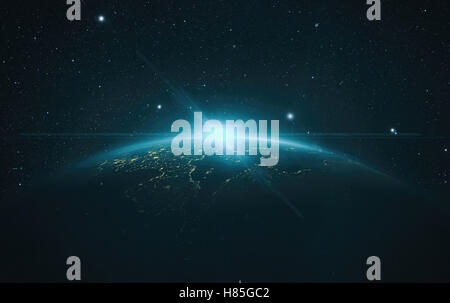 Blau Sonnenaufgang über der Erde vom Weltraum aus gesehen. Mit Sternen Hintergrund. Stockfoto