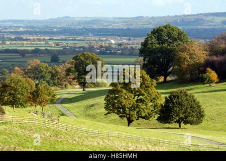 Blick vom Dumbleton Hill über Dumbleton Hall Estate im Herbst, Gloucestershire, England, UK Stockfoto